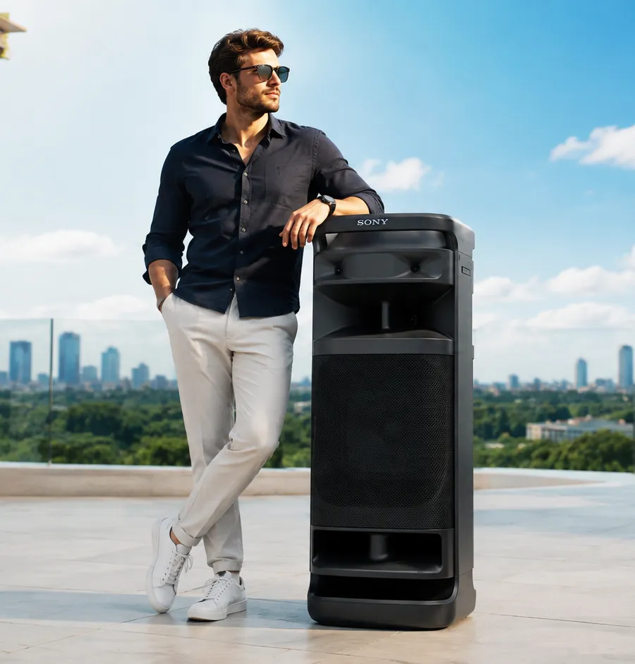 Sony ULT TOWER 10 speaker shown next to a man for scale